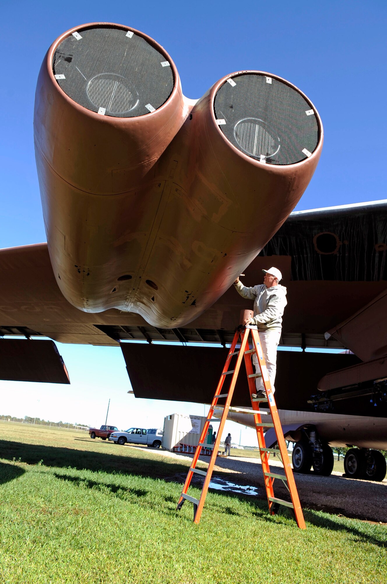 Gene Smith paints a primer coat on a B-52D at the Eighth Air Force Museum, Barksdale Air Force Base, La., Nov. 4. The B-52D is going through restoration including a paint and sheet metal replacement. The historic B-52D at Barksdale completed more than 400 missions in the Vietnam War and was flown during Operation Linebacker II. (U.S. Air Force photo/Staff Sgt. John Gordinier)