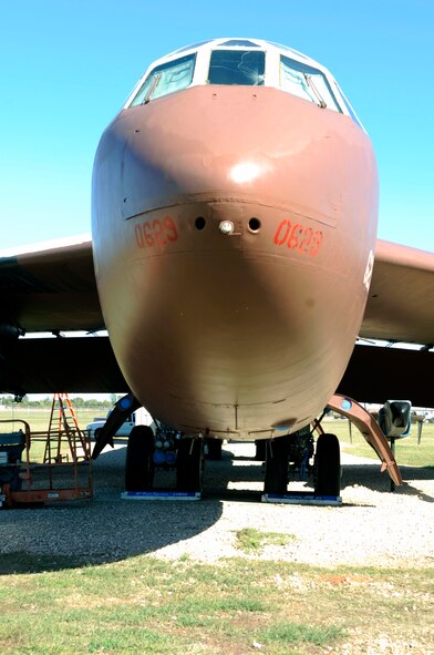 The B-52D at the Eighth Air Force Museum, Barksdale Air Force Base, La., is going through restoration including a paint job and sheet metal replacement. The historic B-52D at Barksdale completed more than 400 missions in the Vietnam War and was flown during Operation Linebacker II. (U.S. Air Force photo/Staff Sgt. John Gordinier)