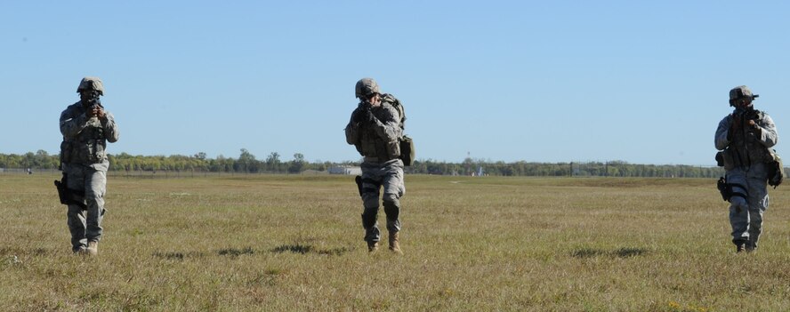 BARKSDALE AIR FORCE BASE, La. -- Members of the 2nd Security Forces Squadron advance on a target during a training exercise for the Global Strike Challenge Nov. 4. The challenge will test the 2 SFS in different areas of their career field. (U.S. Air Force photo/2nd Lieutenant Victoria Lalich)(Released)