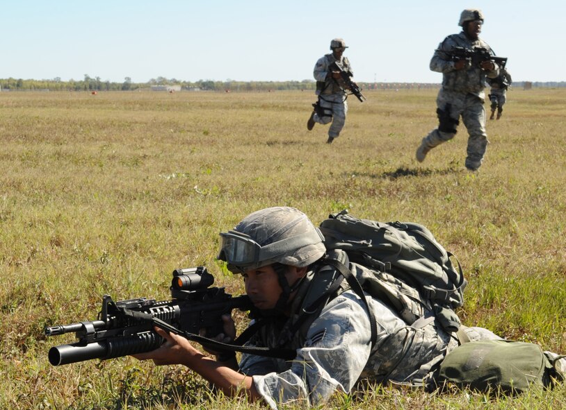 BARKSDALE AIR FORCE BASE, La. -- Senior Airman Lamar Sjouke, 2nd Security Forces Squadron, takes aim at a target during a training exercise for the Global Strike Challenge Nov. 4. The challenge will test the 2 SFS in different areas of their career field. (U.S. Air Force photo/Airman 1st Class Sean Martin)(Released)
