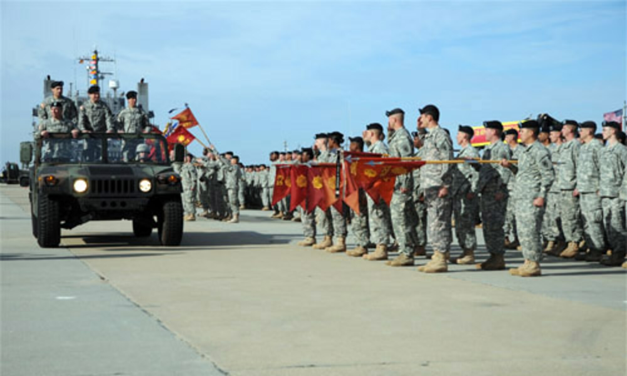 Inspection of the troops of 7th Sustainment Brigade is conducted at 3rd Port Tuesday during the change of command and change of responsibility ceremony.