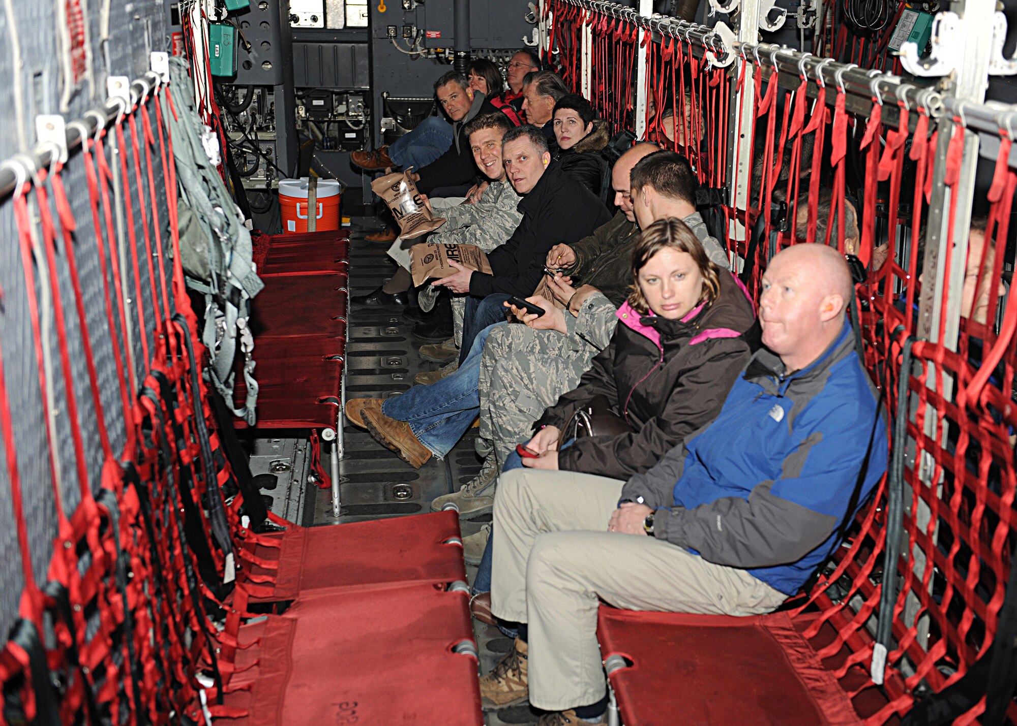 RAF MILDENHALL, England -- Base and honorary commanders taxi to their mock deployed location in an MC-130H Combat Talon II during the Honorary Commanders' Deployment Day here Nov. 4, 2010.  During their "deployment," honorary commanders were given demonstrations similar to what servicemembers experience downrange.  (U.S. Air Force photo/Senior Airman Tabitha M. Lee)  