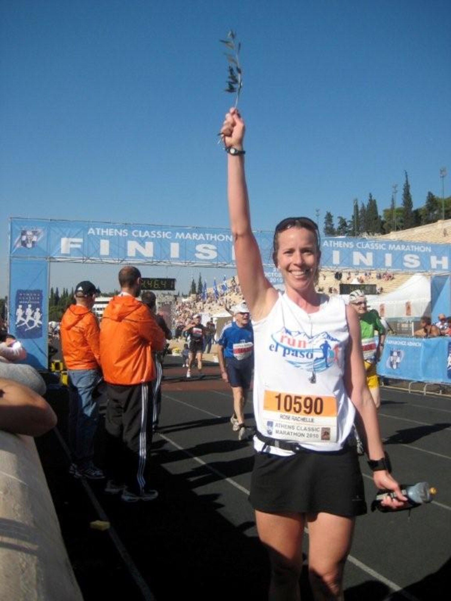 ATHENS - Rachelle Rose completed the 2,500th original marathon Oct. 31. The 26-mile race starts in Marathon, Greece and ends in Athens. Mrs. Rose completed the race in 4 hours 20 minutes. Mrs. Rose is the spouse of Lt. Col. Lenny Rose, 423rd Security Forces Squadron commander. (Courtesy photo)