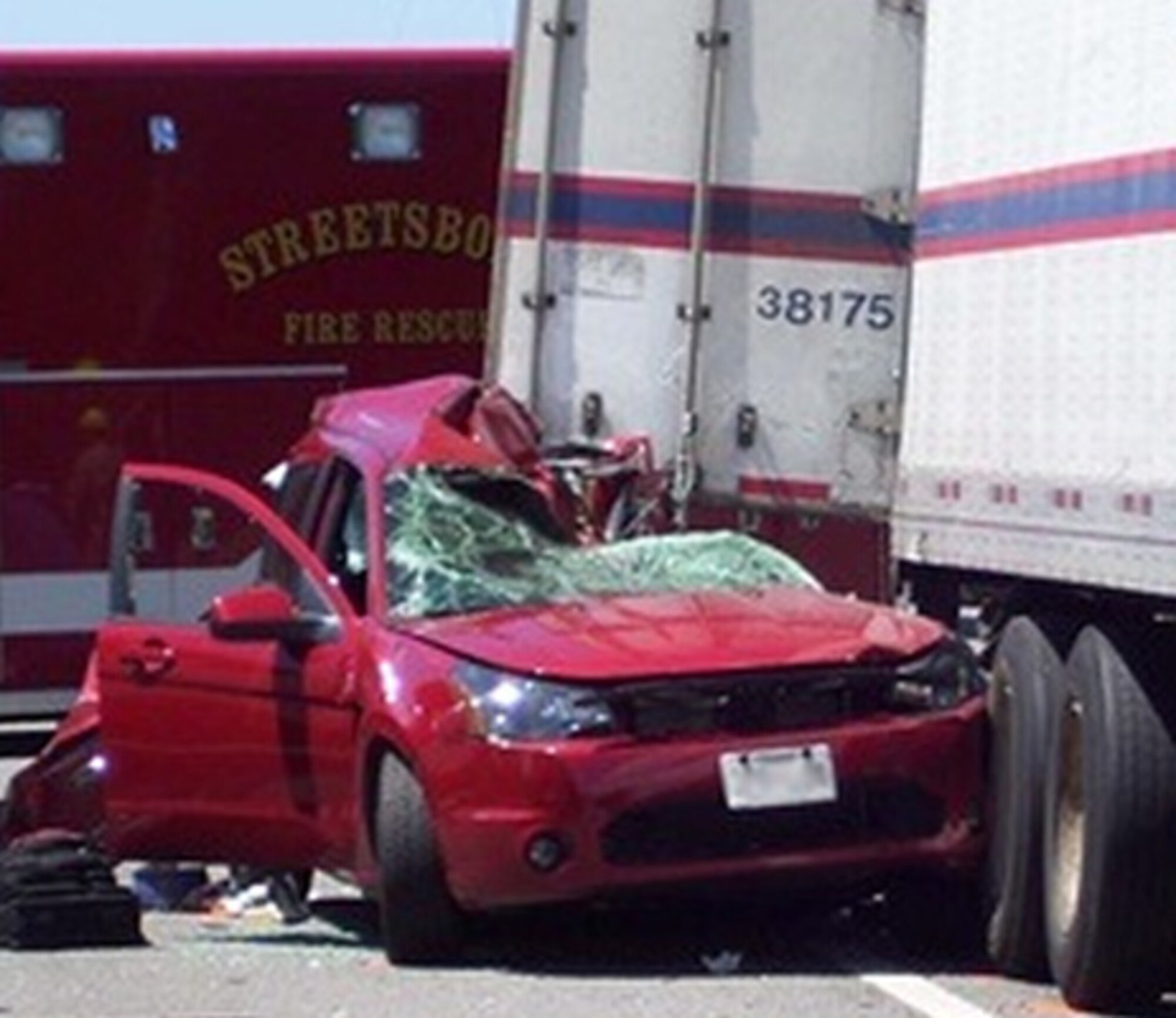 Capt. Chris Slattery's family (in this car) was rear-ended by a truck driver who fell asleep at the wheel. The impact forced their vehicle into the back of another truck, while the truck driver went on to hit two other semis and four more passenger vehicles before stopping in the highway divider and bursting into flames. (Courtesy photo)