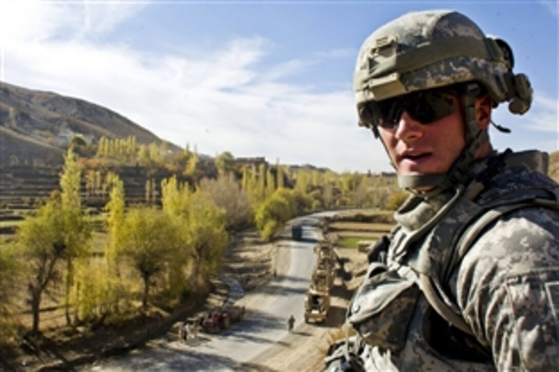 U.S. Army Sgt. Sean Haskins provides security during a shura in Mirzaka in Afghanistan's Paktya province, Nov. 4, 2010. Haskins is a member of the Paktya Provincial Reconstruction Team. The shura enabled the new team personnel to introduce themselves to local Afghan leadership and discuss ongoing development projects.