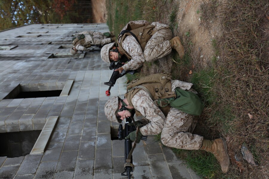 Marines with Provisional Security Platoon, 1st Supply Battalion, 4th Marine Logistics Group assume shooting positions after taking mock fire from a building during counter improvised explosive device during training Nov. 5.