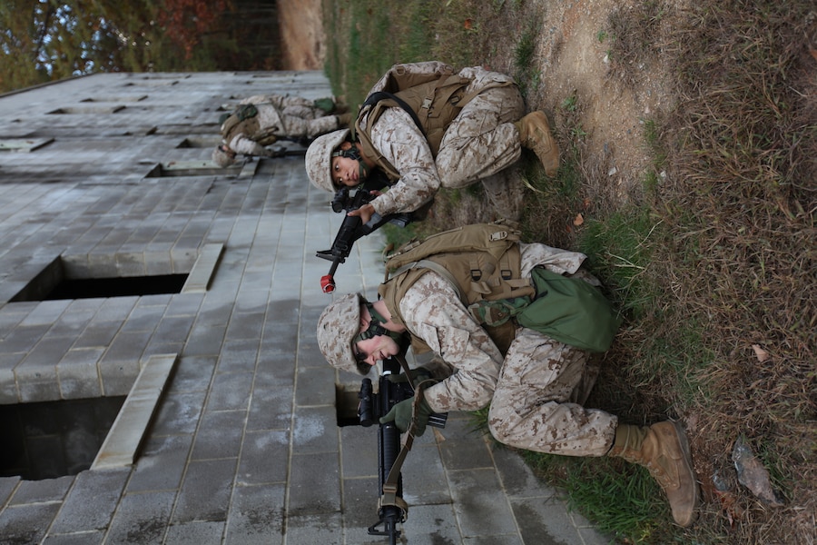 Marines with Provisional Security Platoon, 1st Supply Battalion, 4th Marine Logistics Group assume shooting positions after taking mock fire from a building during counter improvised explosive device during training Nov. 5.