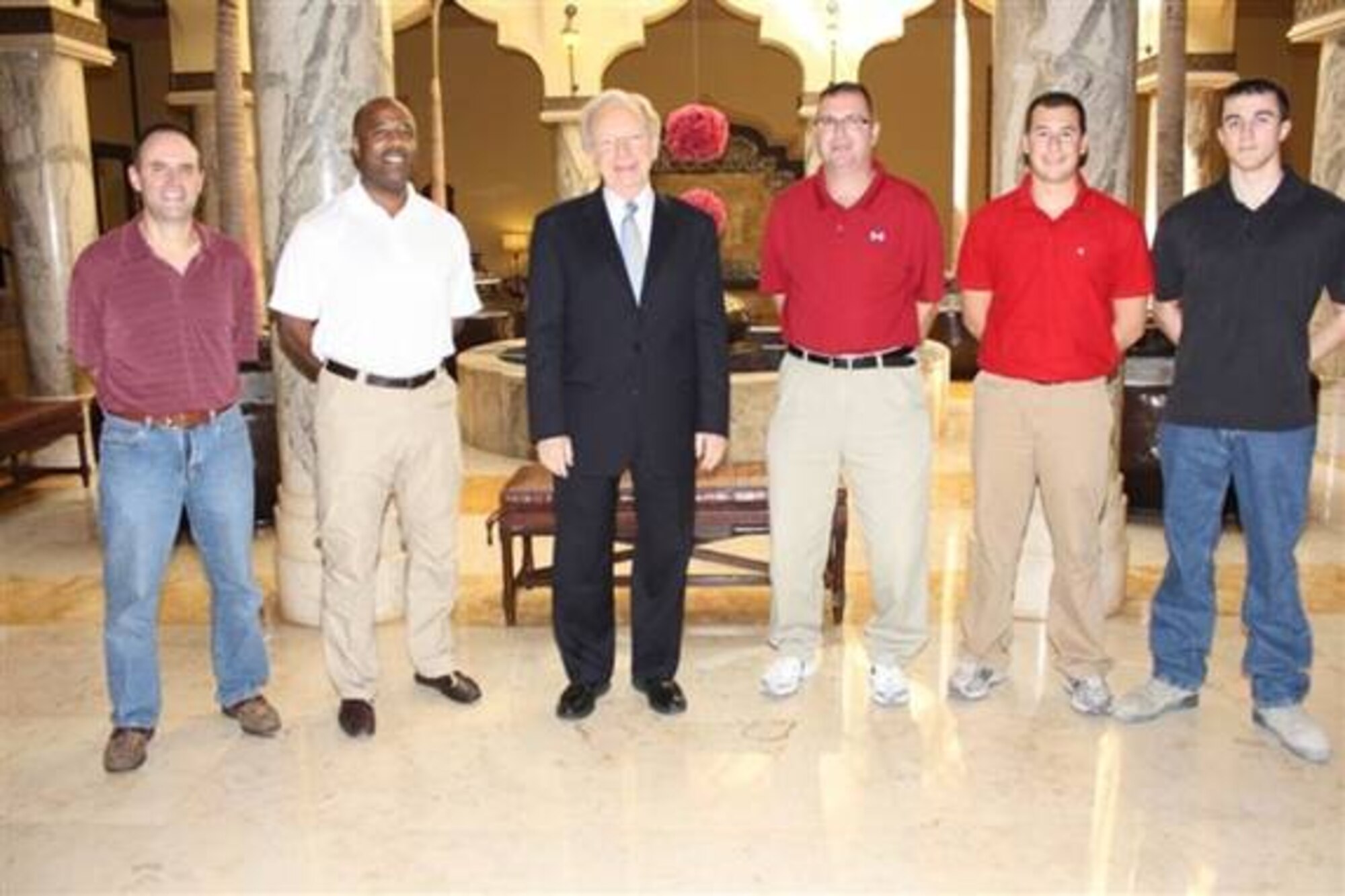 Sen. Joseph I. Lieberman meets airmen from Connecticut's 103rd Air and Space Operations Group. Pictured from left to right: Lt. Col. Herbert Ludwig, Col. Christopher Walker, Senator Lieberman, Maj. Glenn Sherman, SrA Christopher Keogan, SrA Ryan Roper. (Photo courtesy of Jeremy Kirkpatrick from a Lieberman press release.)