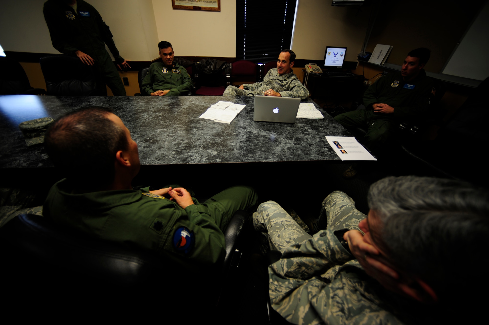 Gen. Raymond E. Johns, Jr., commander of Air Mobility Command, receives a breifing on the capabilities of the reconditioned C-5M Super Galaxy by members from the 436th Airlift Wing, Dover AFB, Del., Nov. 5, 2010, at Stewart Air National Guard Base, N.Y.  A ceremony was held at Stewart ANGB to mark the completion of reconditioning on the C-5M Super Galaxy. (U.S. Air Force photo/Tech. Sgt. DeNoris A. Mickle)