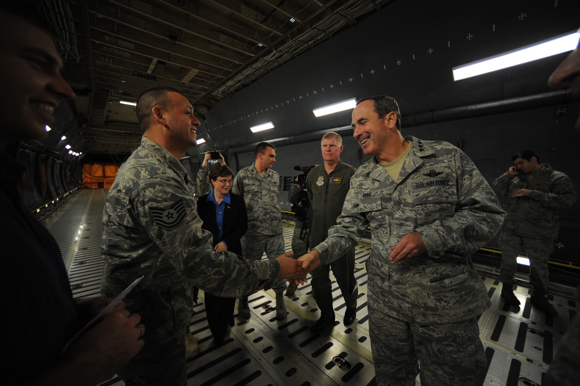 Gen. Raymond E. Johns Jr., commander of Air Mobility Command,greets members from 105th Maintenance Squadron, Stewart Air National Guard Base, N.Y.,  Nov. 5, 2010.  A ceremony was held at Stewart ANGB to mark the completion of reconditioning on the C-5M Super Galaxy. (U.S. Air Force photo/Tech. Sgt. DeNoris A. Mickle)
