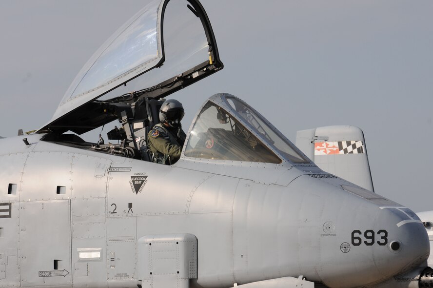 A Maryland Air National Guard pilot prepares to fly an A-10C aircraft as part of Exercise Vigilant Guard at Warfield Air National Guard Base, Baltimore, Md., Nov. 5, 2010. Exercise Vigilant Guard is a multi-state, multi-service, multi-agency emergency management disaster response exercise. (Photo by Sgt. Jennifer Sardam/Released)