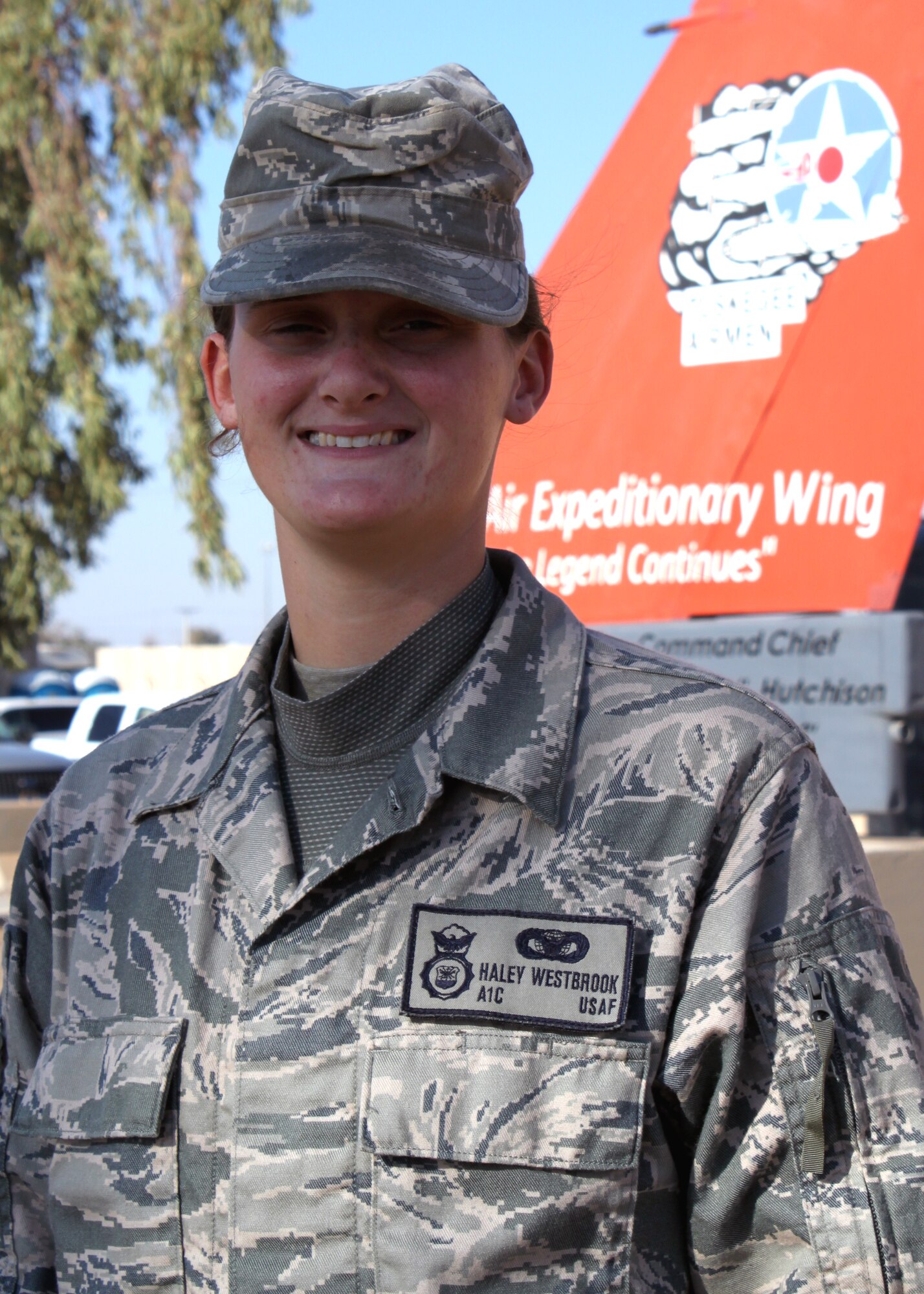 Airman 1st Class Haley Westbrook, 332nd Expeditionary Security Force Group tactical vehicle driver, is the 332nd Air Expeditionary Wing's Tuskegee Airman of the Week for Oct. 24-30, 2010, Joint Base Balad, Iraq. Airman Westbrook, deployed from Moody Air Force Base, Ga., was the lead driver during three outside the wire missions, which were critical to counter-insurgency operations success.  She also kept track of the ammunition for her fellow troops, maintaining more than 50,000 rounds and ensuring 100 percent accuracy during inventories. (U.S. Air Force photo/Tech. Sgt. Stacy Fowler)