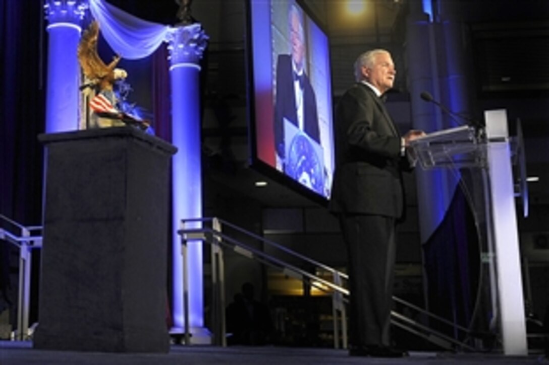 Defense Secretary Robert M. Gates gives his remarks after being awarded the 2010 American Patriot Award for outstanding contributions to the intelligence, national security, and defense communities by the National Defense University Foundation at the Ronald Reagan Building in Washington, D.C., Nov. 5, 2010. In accepting the prestigious award, Gates said he was doing so on behalf of all the young men and women in uniform who serve their country in time of war.