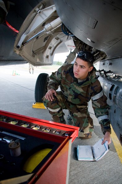 Airman 1st Class Johnathan Cota, 35th Maintenance Squadron Phase 1 crew chief, inspects an F-16 Fighting Falcon while donned in Mission Oriented Protective Posture Gear at Misawa Air Base, Japan, Nov. 8, 2010, during an operational readiness exercise. During the second portion of the 35th Fighter Wing exercise, Airmen must perform their assigned duties while overcoming simulated attacks. (U.S. Air Force photo by Senior Airman Jessica Lockoski/Released)