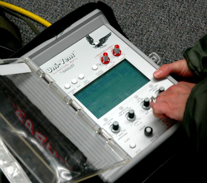 JOINT BASE LEWIS-MCCHORD, Wash. - A medical ventilator is one of the vital equipment Tech. Sgt. Jill Peterson, 446th AES flight medic, uses and needs to be trained on, to administer proper care to her patients while on board the C-17 Globemaster III aircraft. Consistent training and being "mission ready" are just two component that earned the 446th AES the Outstanding Aeromedical Evacuation Squadron Award by the Air Force Reserve Command, in September 2010. (U.S. Air Force Photo/Staff Sgt. Javier Cruz)