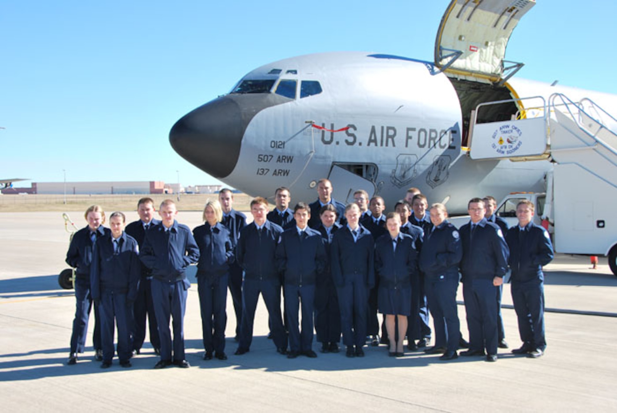 Twenty-two members from the Choctaw H.S. Junior ROTC visited Tinker Air Force Base November 5.  The four-hour tour included visiting the 72nd Security Forces Security Complex where they witnessed a military working dog demonstration and a military weapons display at the armory.  The students then travelled to the 507th Air Refueling Wing, Air Force Reserve, where they received a tour of one of the wing's KC-135R Stratotanker aircraft.  The students then had lunch at the on base dining facility before heading home.