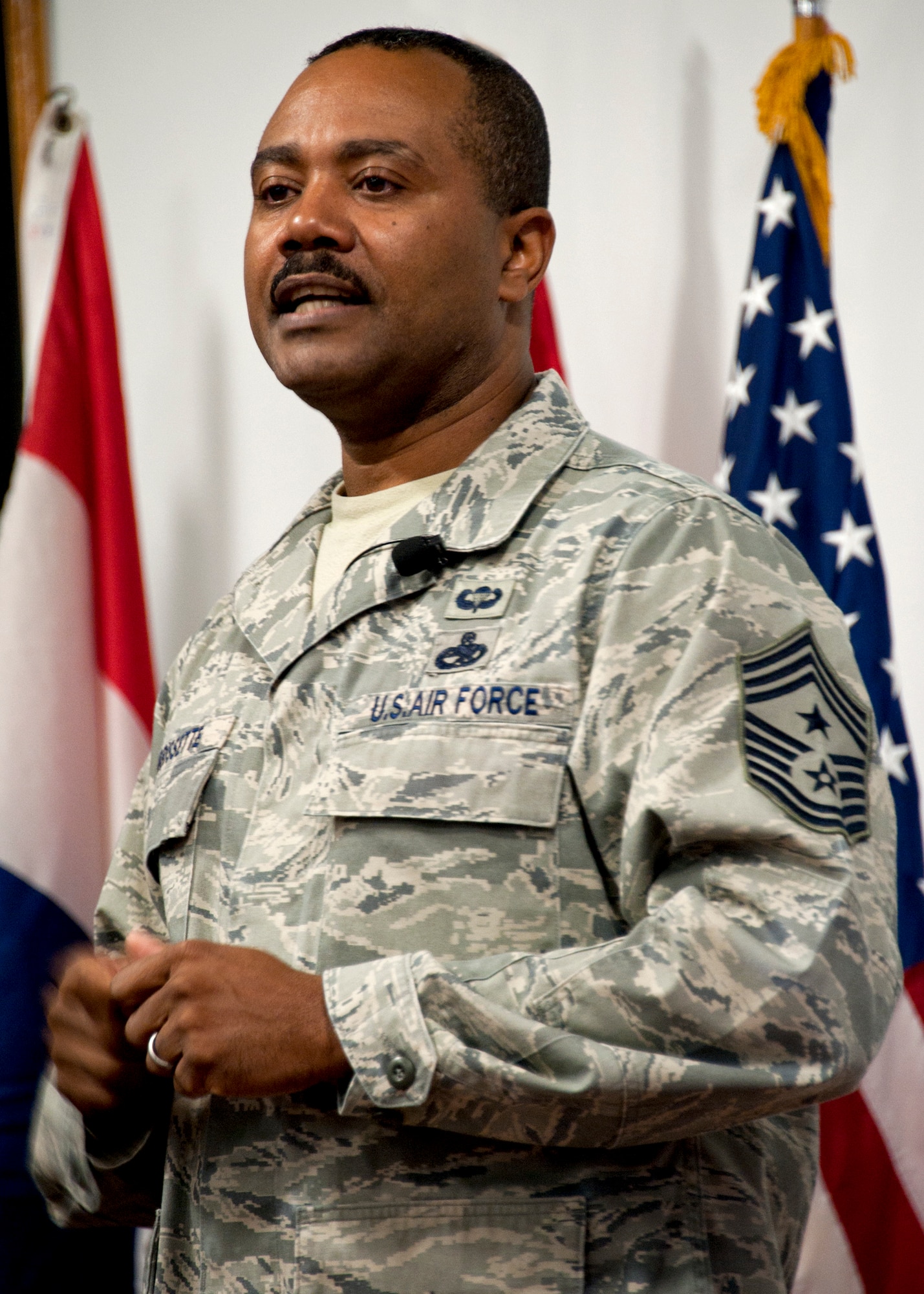 Chief Master Sgt. Lesley Morrissette, 10th Air Force command chief, speaks to the new inductees during the 919th Special Operations Wing Senior and NCO induction ceremony Nov. 6 at Duke Field.  46 staff sergeants and 30 master sergeants were inducted. (Air Force photo/Tech Sgt. Samuel King Jr.)