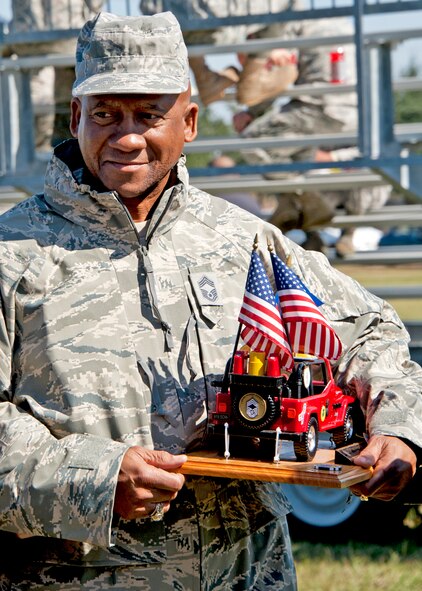 Newly appointed “jeep chief” Chief Master Sgt. Ernie Mayshack, 919th Civil Engineer Squadron, interacts at the 919th Special Operations Wing “family day” event at Duke Field, Nov. 6.   The Family Day event brought reservists and their families together for food, games and music. (Air Force photo/Tech. Sgt. Samuel King Jr.)