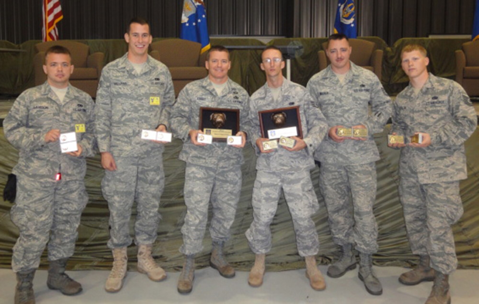 The 72nd Aerial Port Squadron team poses with their awards on Oct. 29, 2010, after the closing ceremony of the first-ever Port Dawg Challenge at Dobbins Air Reserve Base, Ga. The team members are, from left to right: Senior Airman Anthony Lawson, Staff Sgt. Bradley Williams, Senior Master Sgt. Michael D. Knight, Staff Sgt. Randy Owens, Tech. Sgt. Zach Walker and Tech. Sgt. Joseph Kessler. The 72 APS team won two events in the competition. (U.S. Air Force photo)
