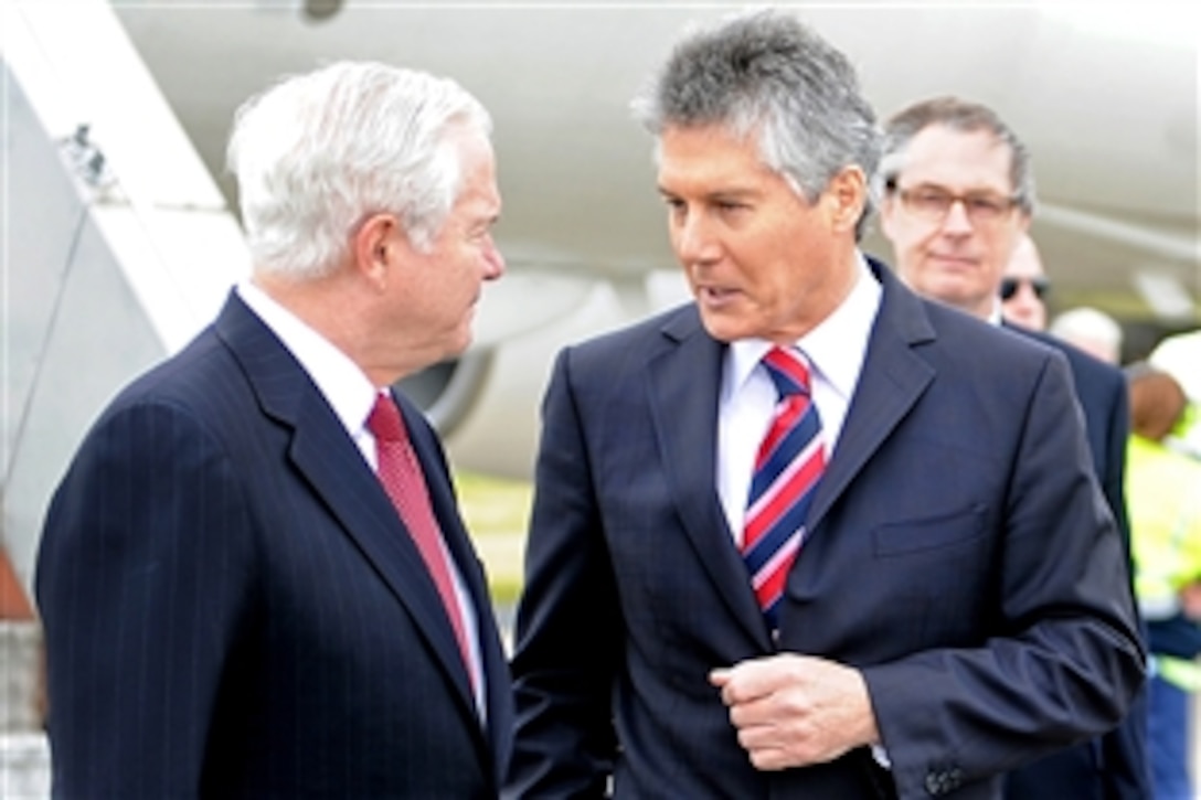 U.S. Defense Secretary Robert M. Gates is greeted by Australian Defense Minister Stephen Smith upon his arrival in Melbourne, Australia, Nov. 7, 2010. Gates, Secretary of State Hillary Rodham Clinton, and Navy Adm. Mike Mullen, chairman of the Joint Chiefs of Staff, are in Melbourne for the annual Australian-U.S. Ministerial.