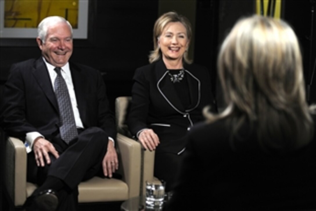 U.S. Defense Secretary Robert M. Gates and Secretary of State Hillary Rodham Clinton speak with ABC Nightline Anchor Cynthia McFadden during a joint interview in Melbourne, Australia, Nov. 7, 2010. Gates and Clinton are in Australia to attend the Nov. 8 Australian-U.S. Ministerial.