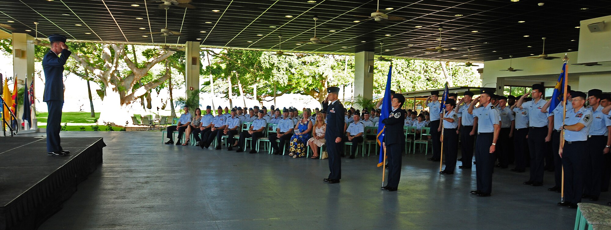 Col. Seth Bretscher, the 613th Support Group commander, salutes his unit a final time before the unit inactivated during a ceremony at Joint Base Pearl Harbor-Hickam, Hawaii, on Nov. 8, 2010.  The 613th SPTG became operational Dec. 16, 2005, and was comprised of the 17th Operational Weather Squadron and the 56th Air and Space Communications Squadron. The unit provided operational and personnel support to the 13th AF mission to plan, command and control, execute, and assess air, space, and information operations in the United States Pacific Command’s Area of Operations. (Air Force photo/ Master Sgt. Victoria Meyer) 