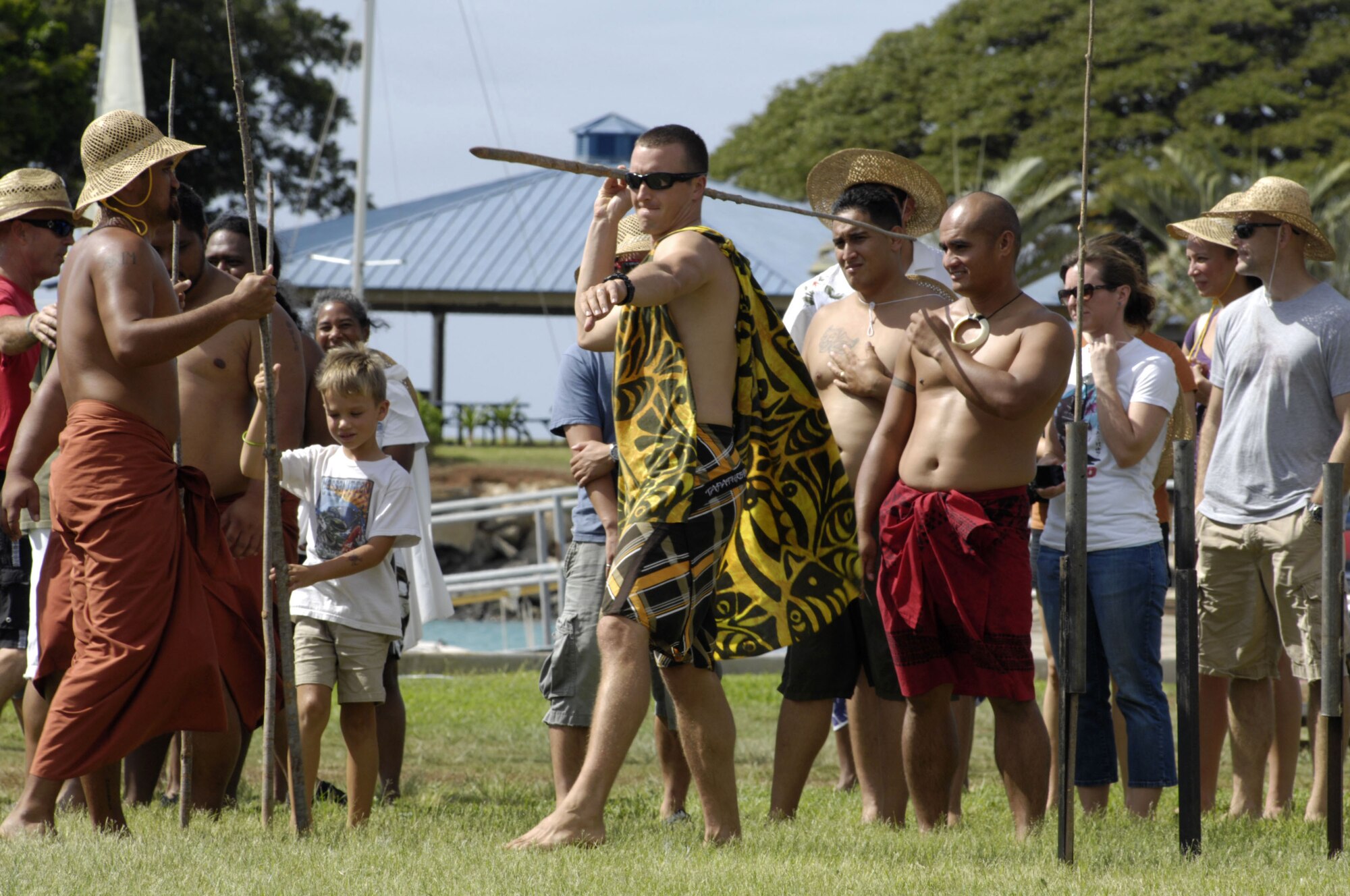 Lieutenant Mike Rigoni, Marine Aviation Logistics Squadron, Kaneohe competes in the makaihe (spear throwing) event during the Makahiki ceremony at Hickam Harbor Nov. 6 at Joint Base Pearl Harbor-Hickam, Hawaii.  (Photo by David D. Underwood, Jr.)