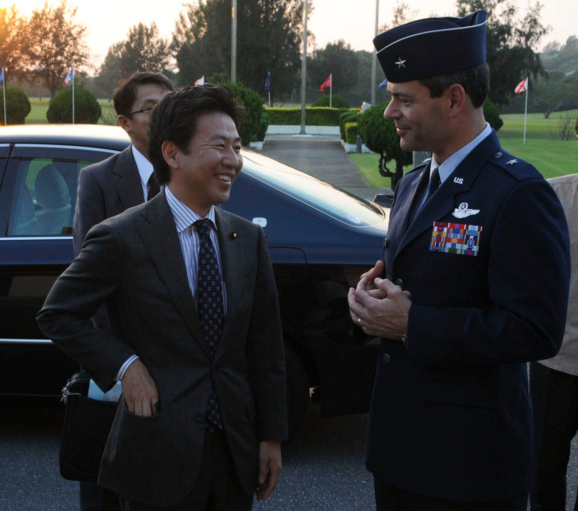 Brig. Gen. Ken Wilsbach, 18th Wing commander, greets Mr. Jun Azumi, Japan
Parliamentary Senior Vice-Minister of Defense, upon his arrival to Kadena
Nov. 8.  During the visit, Mr. Azumi thanked the wing for conducting the
Kadena Special Olympics and stated "the Defense Minister expresses his deep
appreciation."   After receiving a wing mission briefing, Mr. Azumi
commented on the strategic importance of Kadena.  Brig. Gen. Wilsbach
explained the efforts the wing takes to mitigate noise issues for the local
community, while at the same time carrying out our mission for the common
defense of Japan.  Mr. Azumi also commented on the importance of close
communication with the Okinawa Defense Bureau to help with community
concerns.  The visit was wrapped up with a tour of the flightline to view
the runway construction.  Mr. Azumi stated that he would like to return to
Kadena again in the future. (U.S. Air Force Photo/Staff Sgt. Darnell Cannady)
