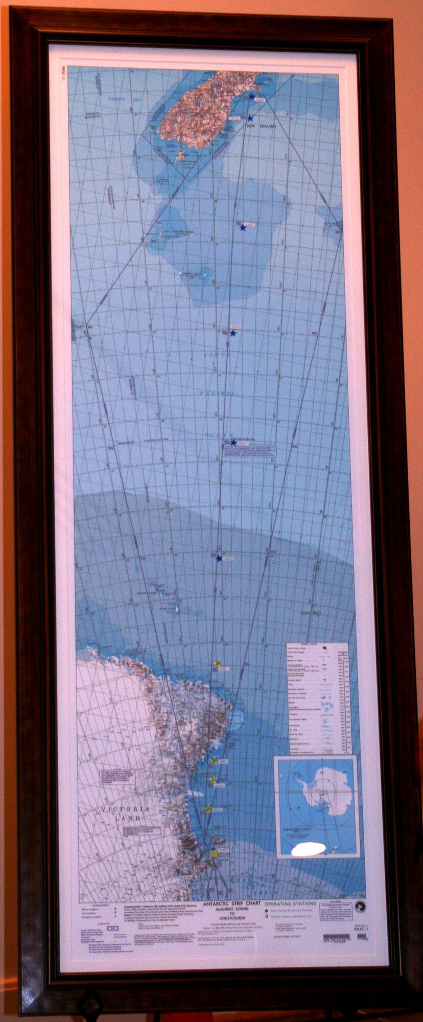 This commemorative Antarctic airway chart, presented to the country of New Zealand by Secretary of State Hillary Rodham Clinton Nov. 5, 2010, during a ceremony in Christchurch, New Zealand, is used in international flight navigation from New Zealand to Antarctica, especially for Operation Deep Freeze.  The chart was created by Col. Ronald Smith who was commander of Operation Deep Freeze from 2005 to 2008.  (U.S. Air Force photo/Master Sgt. Scott T. Sturkol)