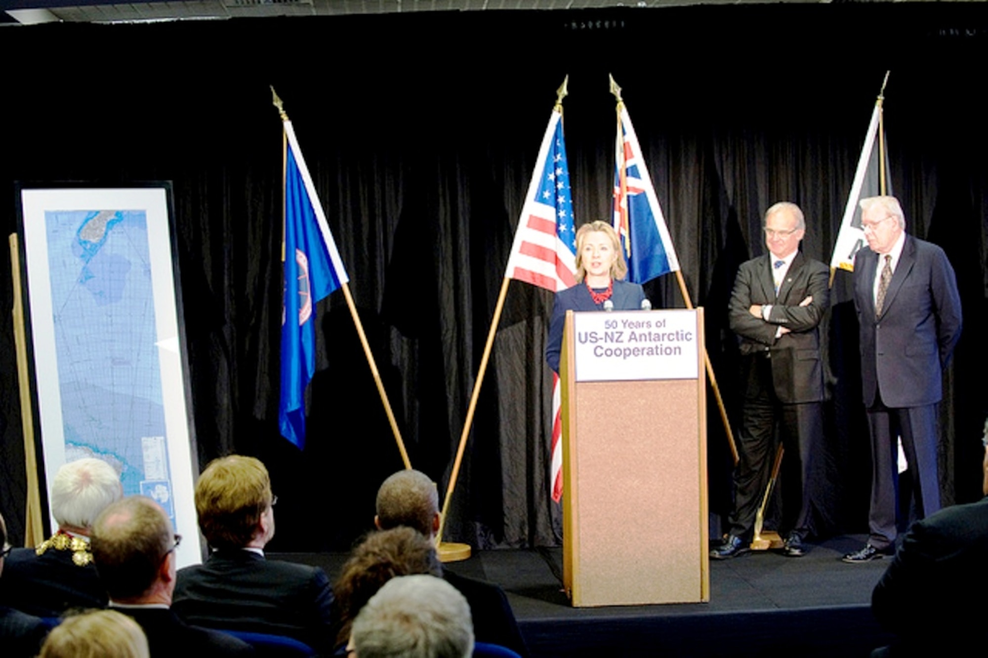 Secretary of State Hillary Rodham Clinton presents this Antarctic airway chart to the country of New Zealand Nov. 5, 2010 during a ceremony in Christchurch, New Zealand, highlighting the cooperation between the United States and New Zealand in carrying out scientific missions in Antarctica.  The aeronautical chart is used in international flight navigation from New Zealand to Antarctica, especially for Operation Deep Freeze. (U.S. State Department Photo)