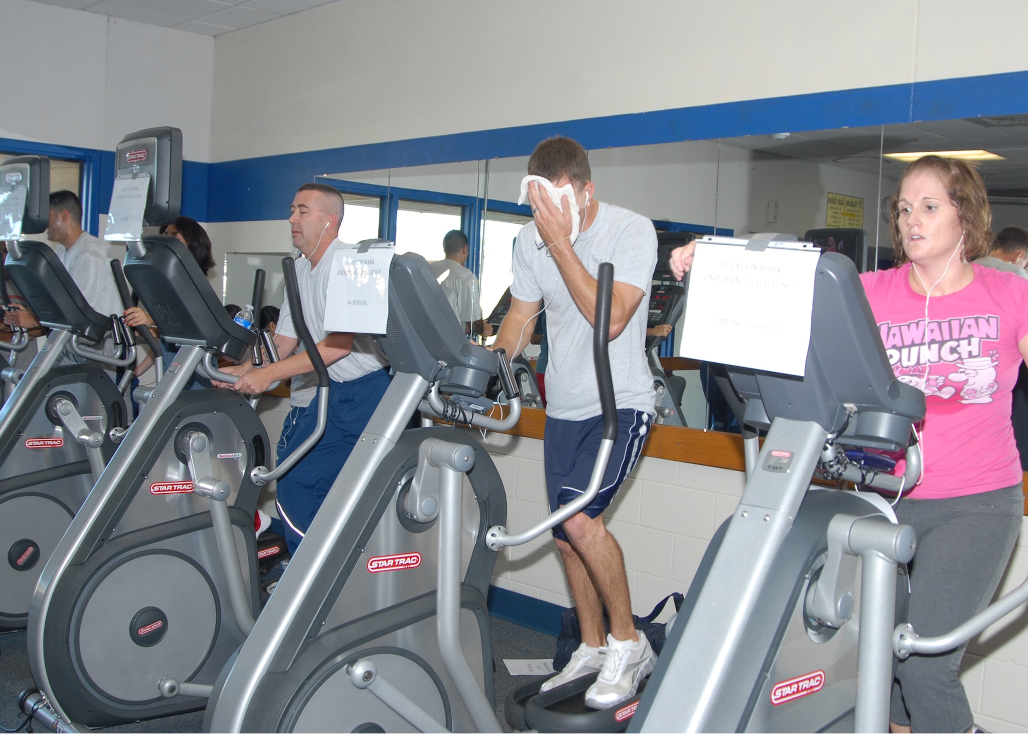 ALTUS AIR FORCE BASE, Okla. -- Individuals from around Altus AFB participate in the Question Mark Challege Nov. 4. The goal was to raise money for the Combined Federal Campaign by keeping the cardio machines in the Fitness Center moving from 5:30 a.m. to 5:30 p.m. (U.S. Air Force photo by Master Sgt. Jennifer D. Seidl / 97th Air Mobility Wing Public Affairs Released)