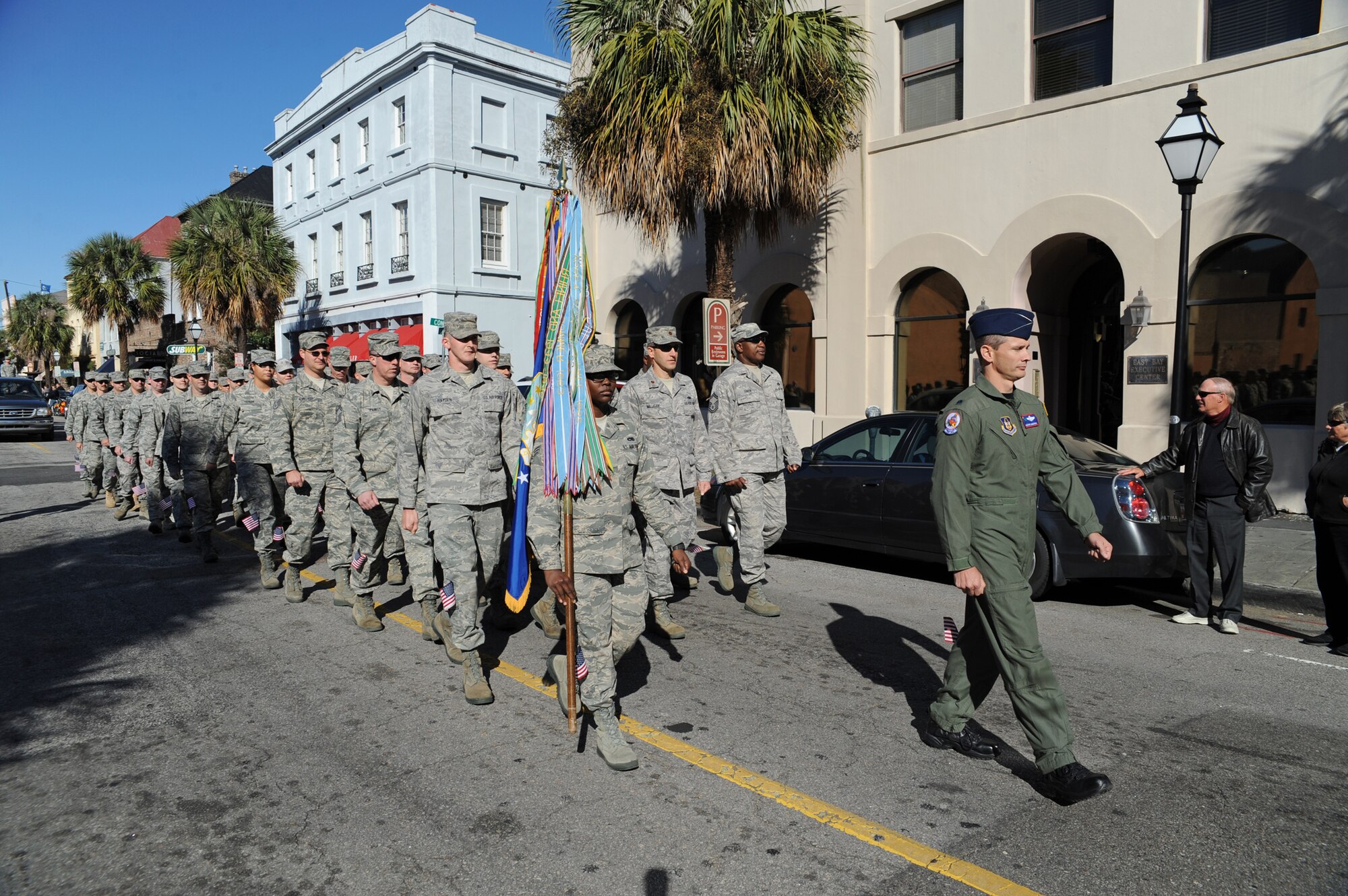 Members of the 315th Airlift Wing march in the Charleston, SC Veterans Day Parade November 7, 2010. About 80 Reservists volunteered their time to participate in the parade honoring those who serve and have served in our nation's military. (U.S. Air Force Photo/James Bowman)
