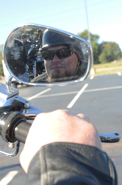 Austin Parish, member of Bikers Against Child Abuse, prepares for the freedom ride in Shreveport, La., Nov. 6 during the Vets for Vets event. More than 400 bikes rallied up for the freedom ride to ride through communities where veterans live throughout the city of Shreveport. (U.S. Air Force photo/Senior Airman Alexandra M. Boutte) (RELEASED)