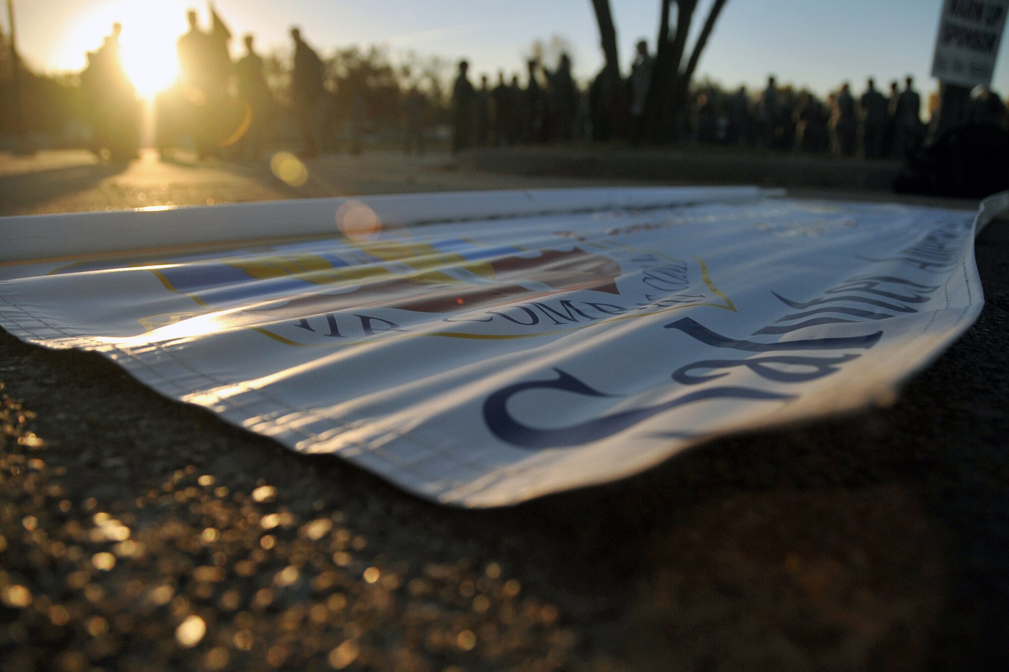 OFFUTT AIR FORCE BASE, Neb. -- A banner lays ready while Team Offutt units prepare to assemble for Nebraska's Official Veterans Parade Nov. 6. Many local residents were on hand to watch the annual parade in Old Towne Bellevue, Neb., and honor the service and sacrifices of America's veterans.  U.S. Air Force photo by Jeff W. Gates.