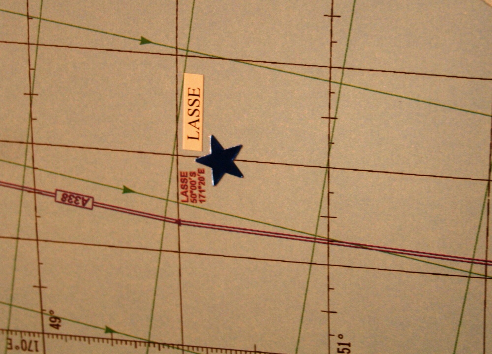 This photo shows one of the named waypoints on a commemorative, centenary, first-edition Antarctic airway chart that was presented to the American Kennel Club Museum of the Dog in Saint Louis, Mo., on Nov. 2, 2010. Col. Ronald Smith, Air National Guard advisor to the Air Mobility Command Director of Strategic Plans, Requirements and Programs at Scott Air Force Base, Ill., designed the chart as he was commander of Operation Deep Freeze from 2005 to 2008. The chart shows “Airway 338” waypoints with each waypoint named after sled dog teams of Norwegian explorer Roald Amundsen and the pony pack team of British explorer Capt. Robert Falcon Scott. The aeronautical chart is used in international flight navigation from New Zealand to Antarctica -- especially for Operation Deep Freeze. (U.S. Air Force Photo/Master Sgt. Scott T. Sturkol)