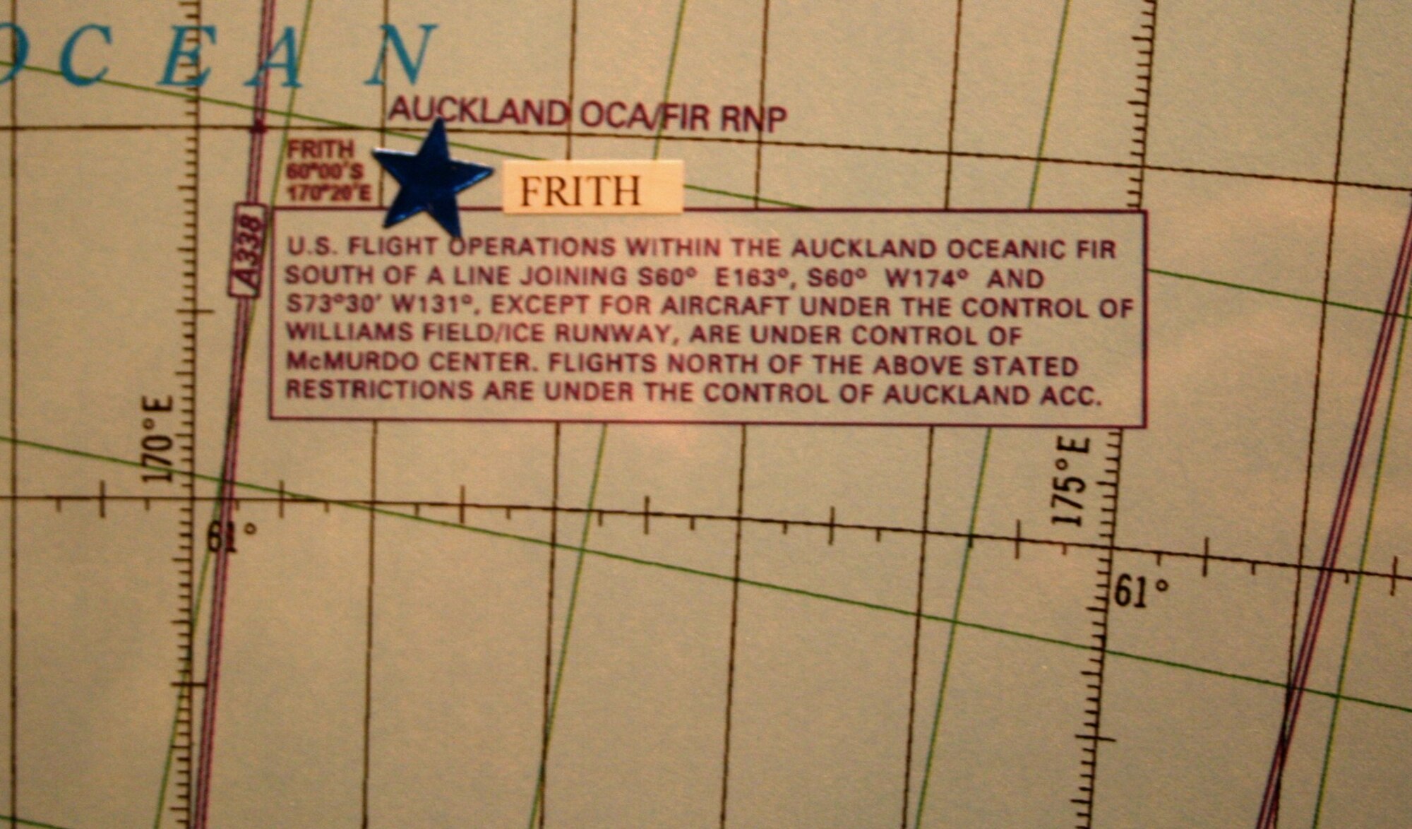 This photo shows one of the named waypoints on a commemorative, centenary, first-edition Antarctic airway chart that was presented to the American Kennel Club Museum of the Dog in Saint Louis, Mo., on Nov. 2, 2010. Col. Ronald Smith, Air National Guard advisor to the Air Mobility Command Director of Strategic Plans, Requirements and Programs at Scott Air Force Base, Ill., designed the chart as he was commander of Operation Deep Freeze from 2005 to 2008. The chart shows “Airway 338” waypoints with each waypoint named after sled dog teams of Norwegian explorer Roald Amundsen and the pony pack team of British explorer Capt. Robert Falcon Scott. The aeronautical chart is used in international flight navigation from New Zealand to Antarctica -- especially for Operation Deep Freeze. (U.S. Air Force Photo/Master Sgt. Scott T. Sturkol)