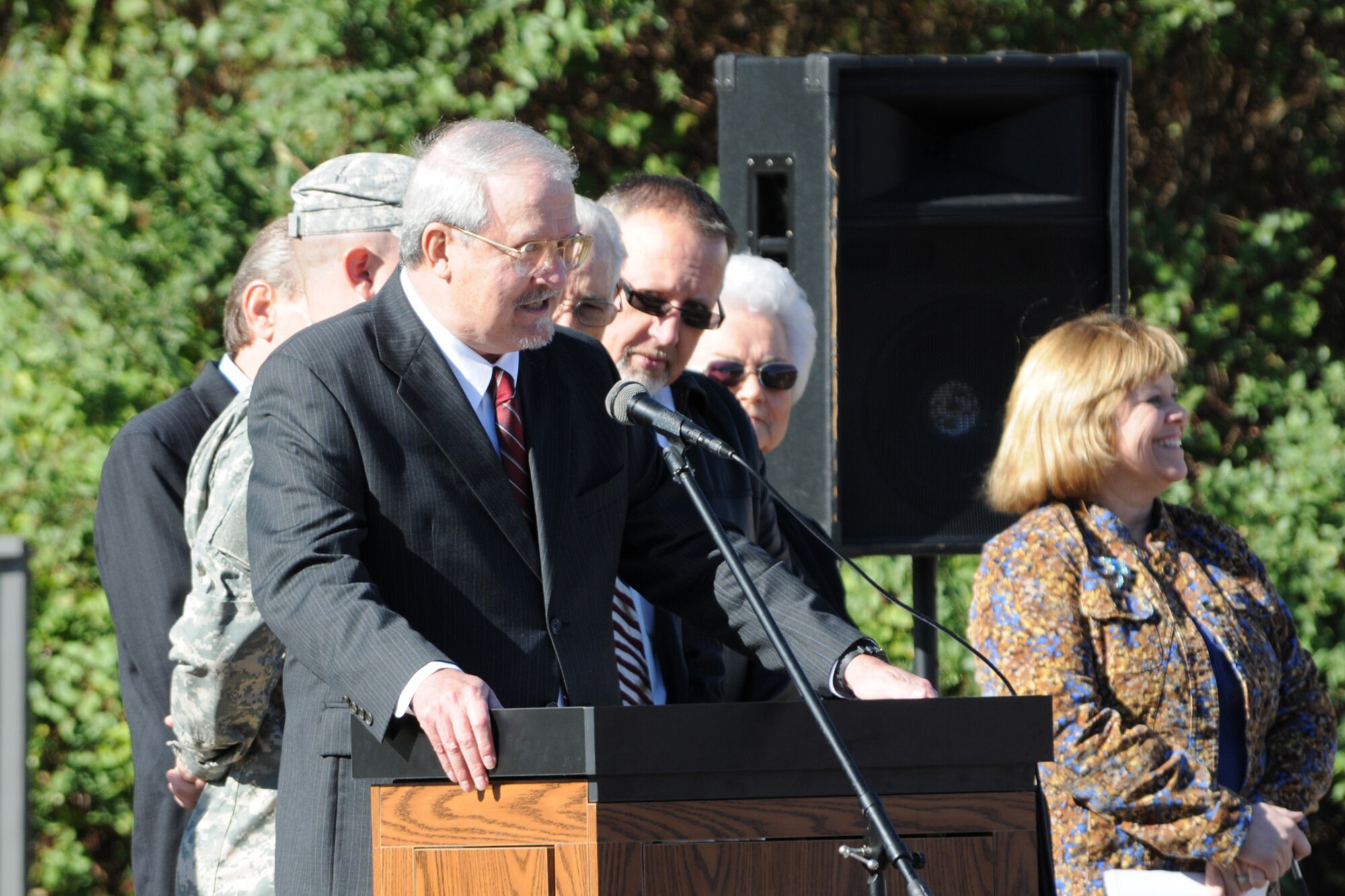 United States Navy Retired Captain Albert Allen Reynolds, Jr., speaks at the Fouke, Ark.  Veterans Park Dedication, Nov. 6, 2010. He was raised in Fouke and now lives in San Diego, Calif., after 38 years of service in the Air Force and Navy. The park was dedicated after several years of fundraising and hard work put in by the local community. The city raised approximately $120,000 for the park that will honor past, present and future veterans. (U.S. Air Force/MSgt Greg Steele)