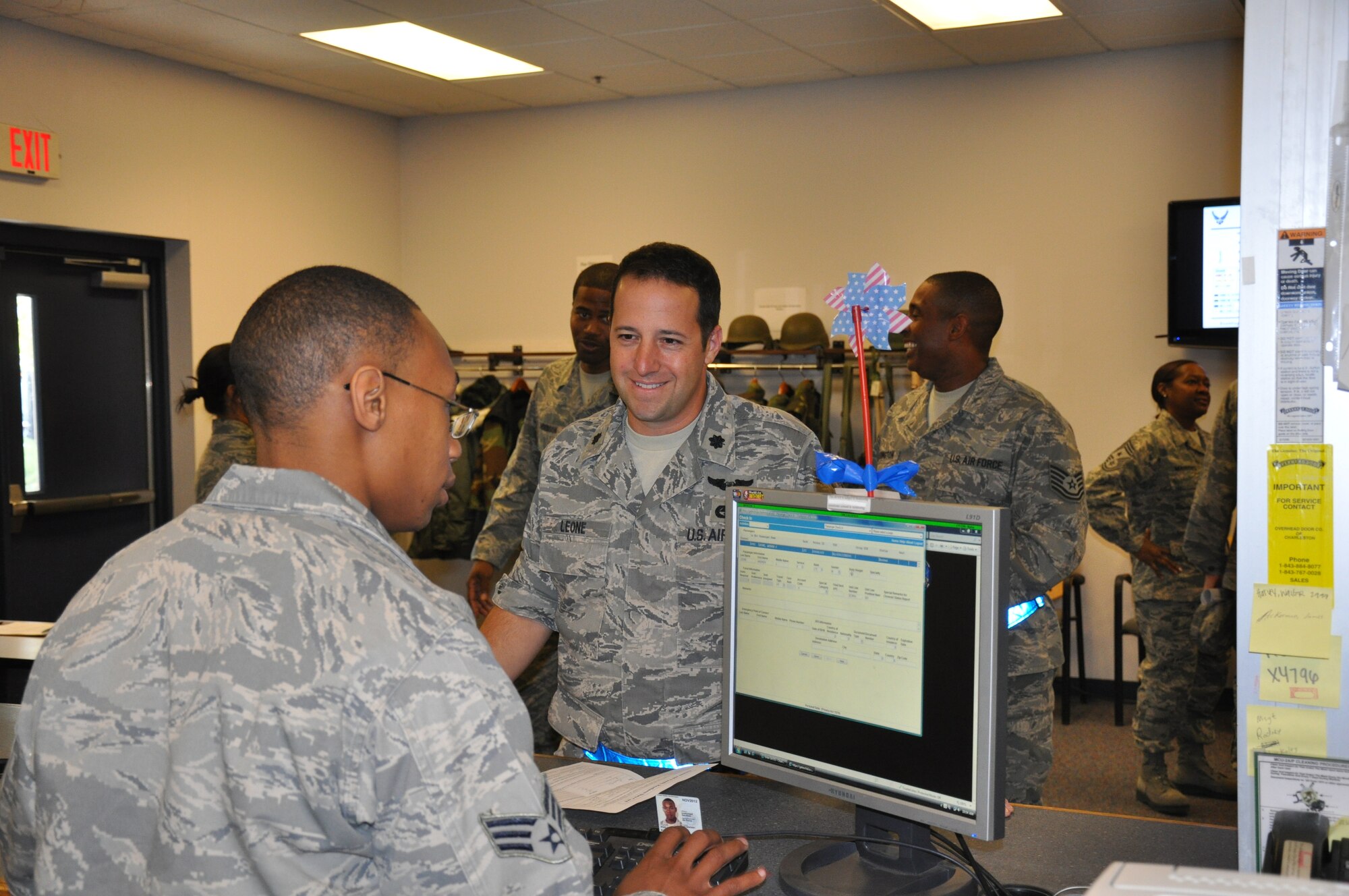 Lt Col A.J. Leone, Deputy Commander, 315th Mission Support Group, updates his personal information during the mobility exercise over November UTA at Charleton AFB S.C. Lt Col Leone and other members of the 315th processed through mobility lines to train support personnel in preparation for the Nov 2011 ORI