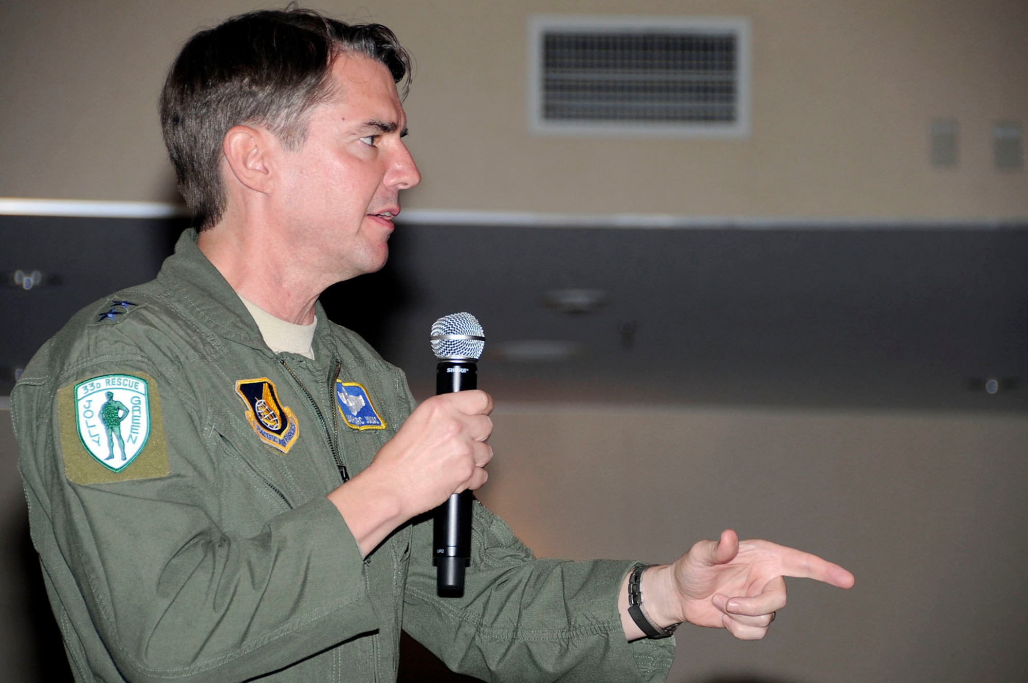 Maj. Gen. Jan-Marc Jouas, the Director of Operations, Plans, Requirements and Programs, Headquarters Pacific Air Forces, speaks to Kadena officers during an officers-call Nov. 8. The general, who led Kadena as the 18th Wing commander from 2004-2006, spent the previous weekend taking part in the 11th Annual Kadena Special Olympics. he then spent the day observing the mission and speaking with Airmen from thoughout the base. (U.S. Air Force photo / Staff Sgt. Darnell Cannady)