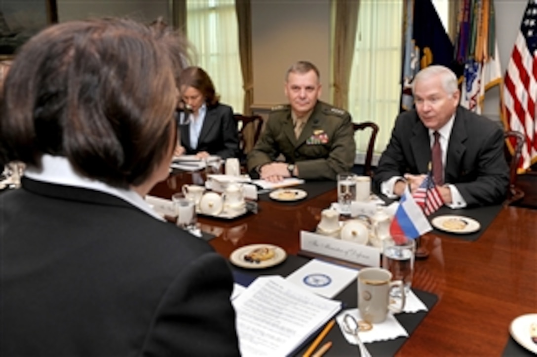 Secretary of Defense Robert M. Gates (right) hosts bilateral security discussions with Slovenian Defense Minister Ljubica Jelusic (left) in the Pentagon on Nov. 5, 2010.  Gates is accompanied by Principal Director for Europe and NATO Julianne Smith and Vice Chairman of the Joint Chiefs of Staff Gen. James E. Cartwright (2nd from right), U.S. Marine Corps.  