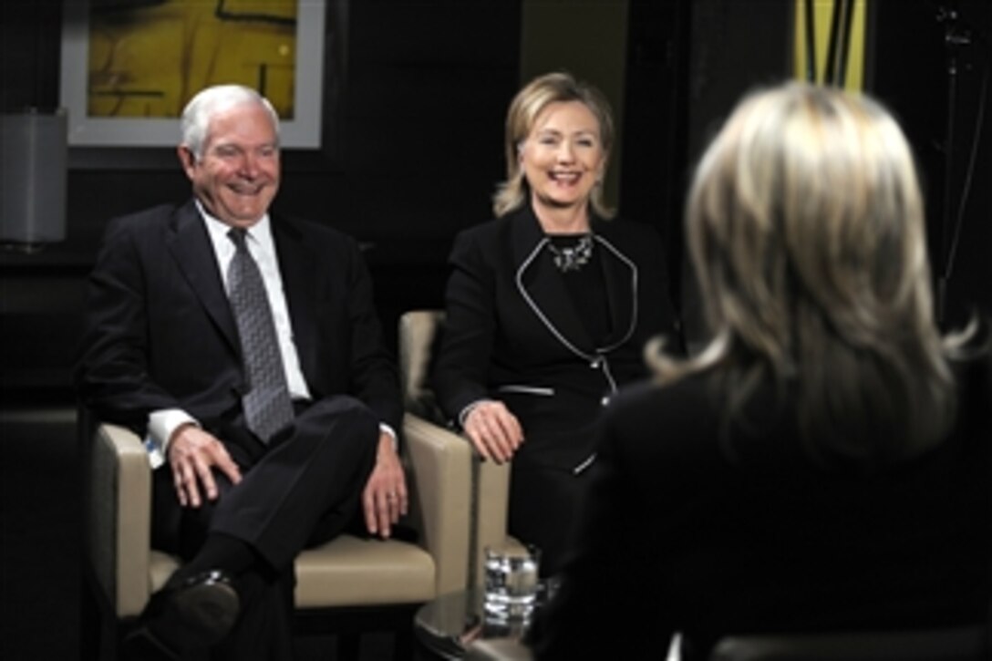 Secretary of Defense Robert M. Gates and Secretary of State Hillary Clinton speak with ABC Nightline anchor Cynthia McFadden during a joint interview in Melbourne, Australia, on Nov. 7, 2010.  