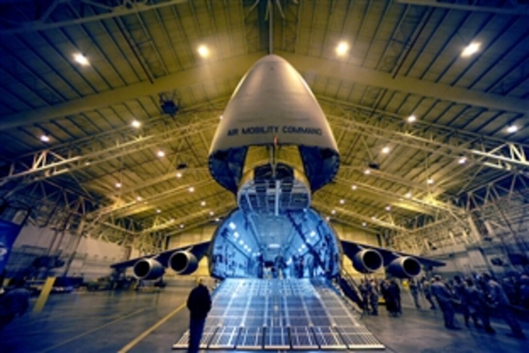 Members of the 105th Maintenance Squadron, Stewart Air National Guard Base, N.Y., tour and receive briefings on capabilities of a reconditioned C-5M Super Galaxy, Nov. 5, 2010.