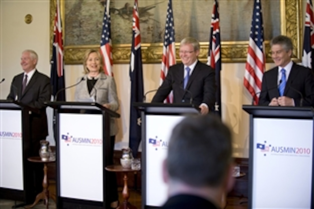 From left: U.S. Defense Secretary Robert Gates, U.S. Secretary of State Hillary Rodham Clinton, Australian Minister for Foreign Affairs Kevin Rudd and Australian Minister for Defense Stephen Smith attend a press conference after the annual Australia-U.S. Ministerial Consultations, known as AUSMIN, in Melbourne, Australia, Nov. 8, 2010.  
