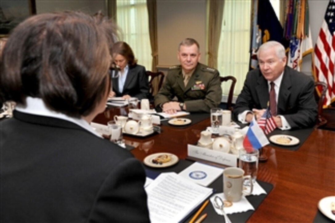 Secretary of Defense Robert M. Gates (right) hosts bilateral security discussions with Slovenian Defense Minister Ljubica Jelusic (left) in the Pentagon on Nov. 5, 2010.  Gates is accompanied by Principal Director for Europe and NATO Julianne Smith and Vice Chairman of the Joint Chiefs of Staff Gen. James E. Cartwright (2nd from right), U.S. Marine Corps.  
