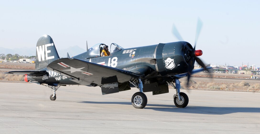 An F-4U Corsair, piloted by Dan Friedken, idles at the Marine Corps Air Station in Yuma, Ariz., Nov. 8, 2010, as part of a heritage celebration for Marine Attack Squadron 214. The aircraft is the only flying F-4U painted with World War II-style Blacksheep markings. The Corsair, along with an A-4 Skyhawk and AV-8B Harrier flew in a heritage flight over the Chocolate Mountain Aerial Gunnery Range and the station, and were displayed near the squadron’s hangar during the heritage day festivities. The Blacksheep piloted the Corsair throughout World War II gaining both the squadron and aircraft recognition across the globe.