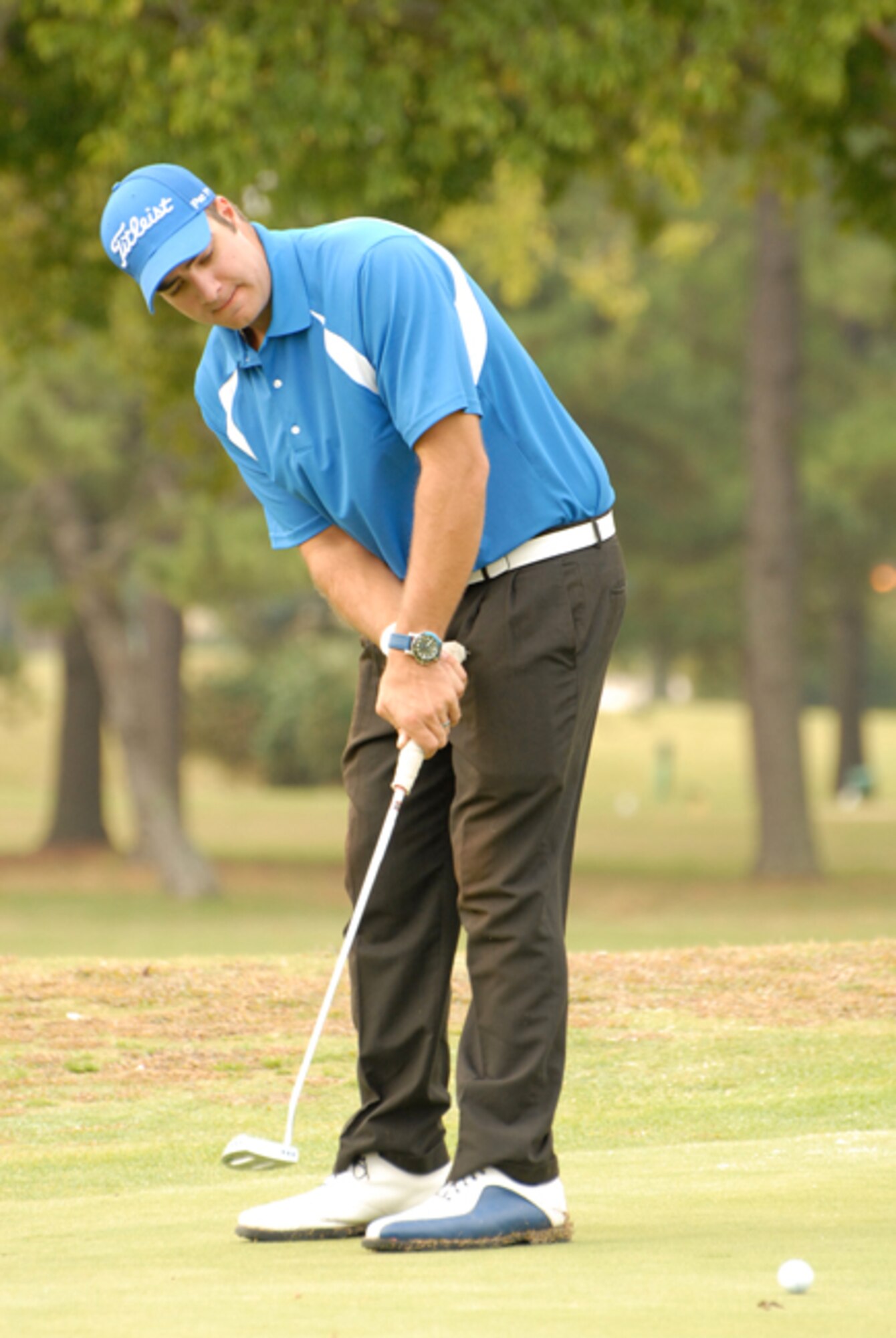 VANDENBERG AIR FORCE BASE, Calif. – Following through his putt, 2nd Lt. Thomas Whitney, a 392nd Training Squadron student here, was the overall winner of the 2010 Air Force Golf Championship held at Langley Air Force Base, Va., on Sunday, Nov. 26, 2010. Lieutenant Whitney won the four-day competition with a total (under par) score of 279. (Courtesy photo) 