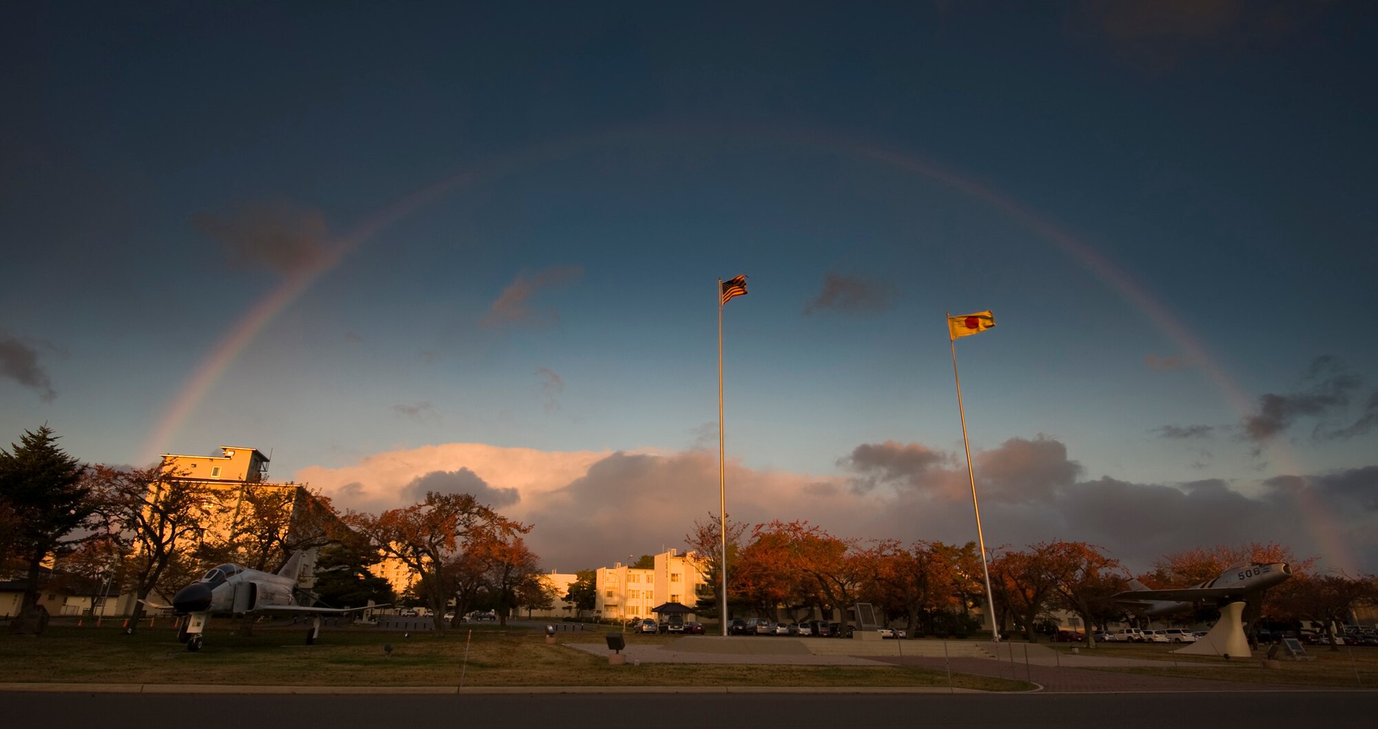 A rainbow shines over Risner Circle at dawn on the last day of an operational readiness exercise at Misawa Air Base, Japan, Nov. 10, 2010. The exercise lasted five days and tested the 35th Fighter Wing's ability to deploy and support contingency operations to support allied nations in the Pacific region.  (U.S. Air Force photo by Staff Sgt. Samuel Morse/Released)