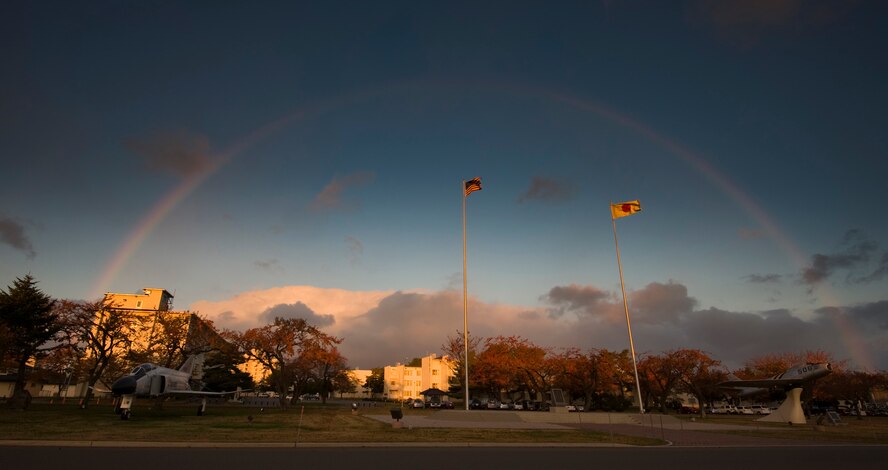 A rainbow shines over Risner Circle at dawn on the last day of an operational readiness exercise at Misawa Air Base, Japan, Nov. 10, 2010. The exercise lasted five days and tested the 35th Fighter Wing's ability to deploy and support contingency operations to support allied nations in the Pacific region.  (U.S. Air Force photo by Staff Sgt. Samuel Morse/Released)