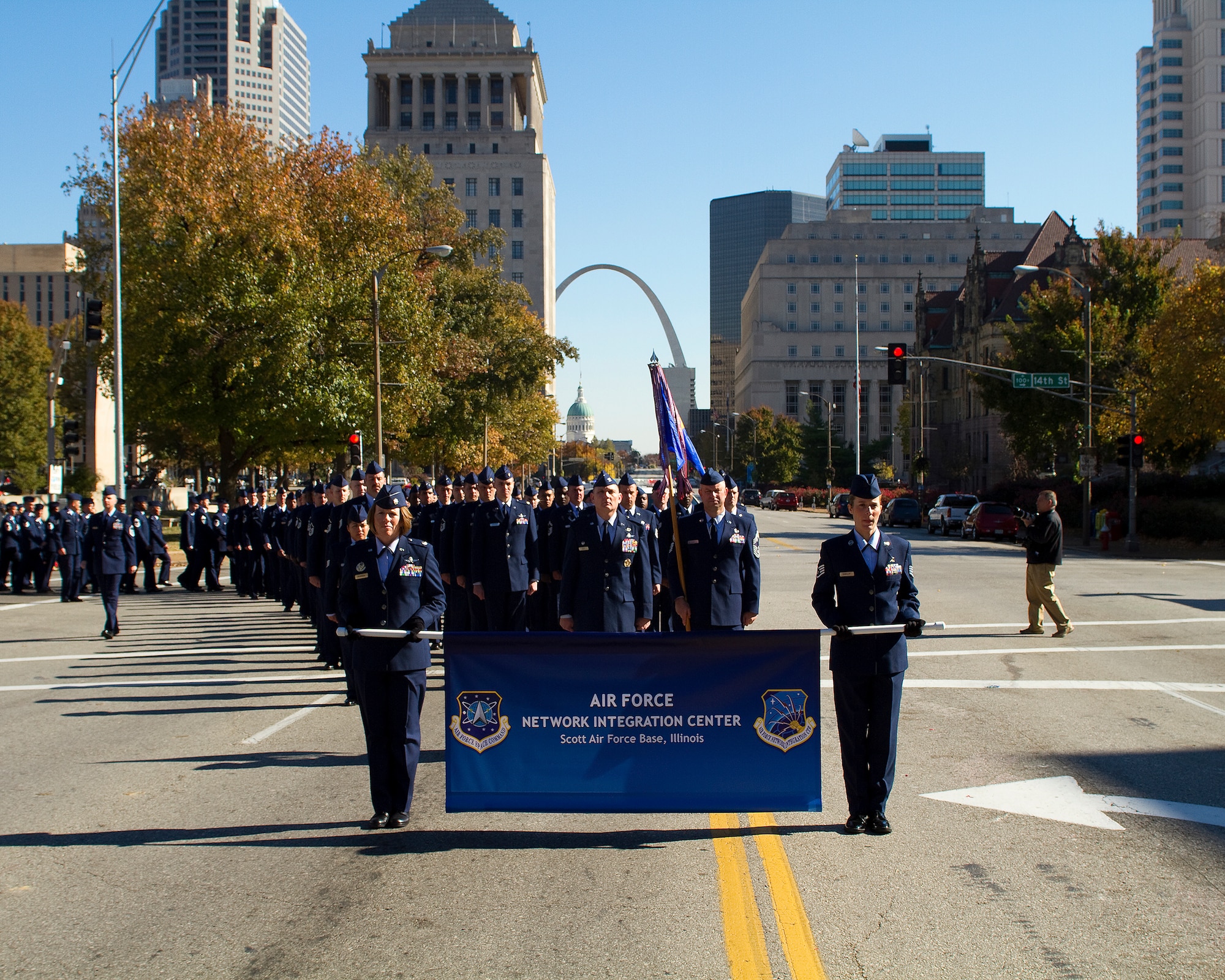 Airmen from the Air Force Network Integration Center at Scott Air Force Base, Ill., march in formation down Market Street in downtown St. Louis as part of the city's 27th annual Veterans Day parade Nov. 6.  (U.S. Air Force photo/MSgt G. Shawn Lowry)
