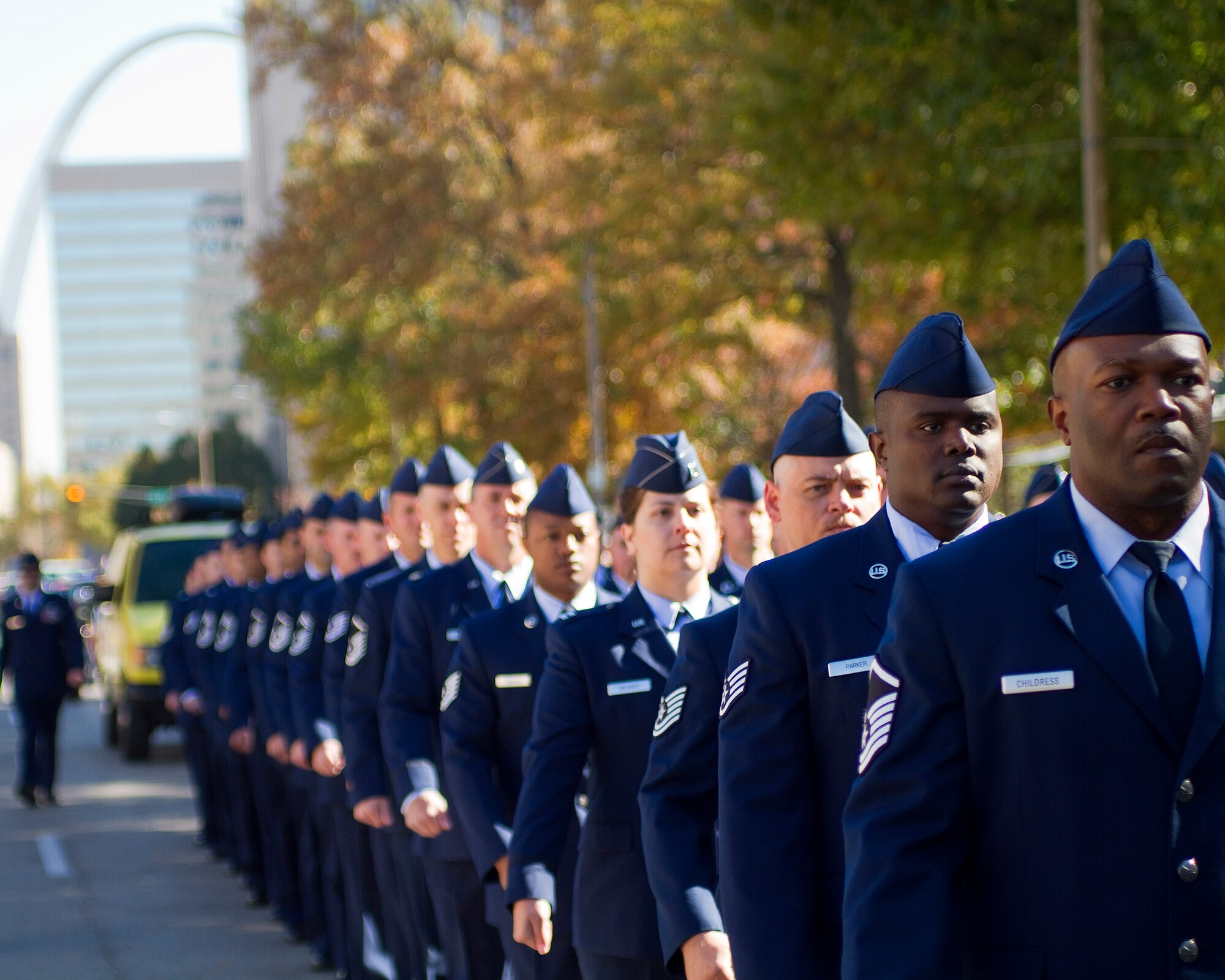 ST LOUIS, Mo. -- More than 100 Airmen from the Air Force Network Integration Center at Scott Air Force Base, Ill., participated in the St. Louis Veterans Day parade Nov 6.  (U.S. Air Force photo/MSgt G. Shawn Lowry)

